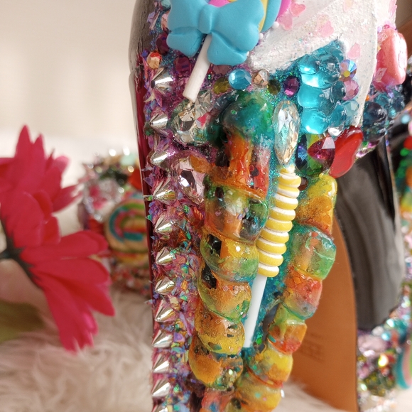 Sale! Custom Made Zombie Peepshow Candy Embellished Black Strappy Platform Heels - Picture 12 of 16